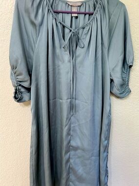 Satin Tie-Neck Shift Dress in Dusty Blue